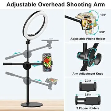 Overhead Phone Camera Mount with Ring Light for Video Recording, Cooking Filming. Content Creator Kit with 10.5" RGB Ringlight, Desk Stand and 2 Phone Holder, Remote, Overhead Tripod for iPhone