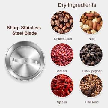 Secura Electric Coffee Grinder and Spice Grinder with 1 Stainless Steel Blades Removable Bowl, Dry G...