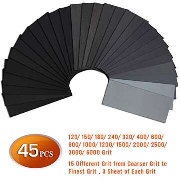 45PCS Sandpaper,Atosun Premium Wet Dry Waterproof Sand Paper, 120 to 5000 Assorted Grit Sanding Pape...