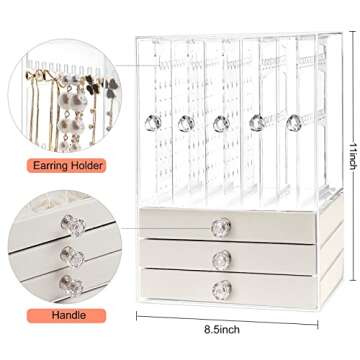 Jenseits Acrylic Jewelry Holder, Clear Earring Organizer with 3 Drawers, Velvet Hanging Jewelry Stand Storage for Necklace Earrings Ring Bracelet Display Case Gift for Women, Girls, Beige