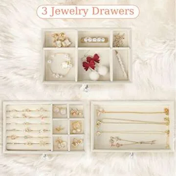 Jenseits Acrylic Jewelry Holder, Clear Earring Organizer with 3 Drawers, Velvet Hanging Jewelry Stand Storage for Necklace Earrings Ring Bracelet Display Case Gift for Women, Girls, Beige