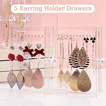 Jenseits Acrylic Jewelry Holder, Clear Earring Organizer with 3 Drawers, Velvet Hanging Jewelry Stand Storage for Necklace Earrings Ring Bracelet Display Case Gift for Women, Girls, Beige