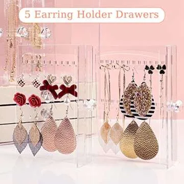 Jenseits Acrylic Jewelry Holder, Clear Earring Organizer with 3 Drawers, Velvet Hanging Jewelry Stand Storage for Necklace Earrings Ring Bracelet Display Case Gift for Women, Girls, Beige