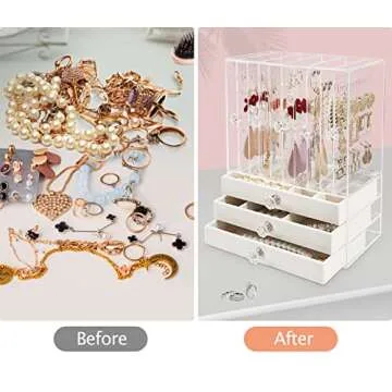 Jenseits Acrylic Jewelry Holder, Clear Earring Organizer with 3 Drawers, Velvet Hanging Jewelry Stand Storage for Necklace Earrings Ring Bracelet Display Case Gift for Women, Girls, Beige