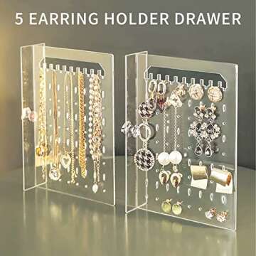 Jenseits Acrylic Jewelry Holder, Clear Earring Organizer with 3 Drawers, Velvet Hanging Jewelry Stand Storage for Necklace Earrings Ring Bracelet Display Case Gift for Women, Girls, Beige