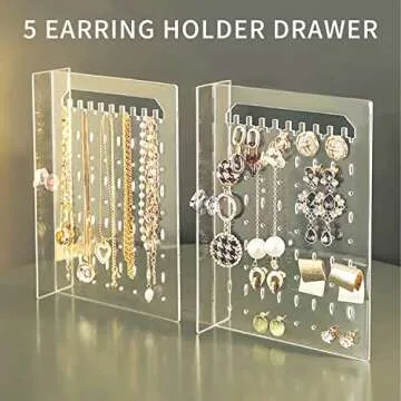 Jenseits Acrylic Jewelry Holder, Clear Earring Organizer with 3 Drawers, Velvet Hanging Jewelry Stand Storage for Necklace Earrings Ring Bracelet Display Case Gift for Women, Girls, Beige