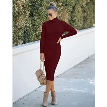 MEROKEETY Women's Ribbed Long Sleeve Sweater Dress - Wine