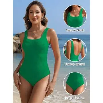 ANRABESS Womens One Piece Swimsuit 2025 Summer Solid Square Neck Tummy Control Modest Full Coverage Ribbed Bathing Suits Green Medium