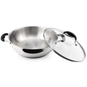 AVACRAFT 18/10 Stainless Steel Everyday Pan with Five-Ply Base, Stir Fry Chef’s Saute Pan with Gla...