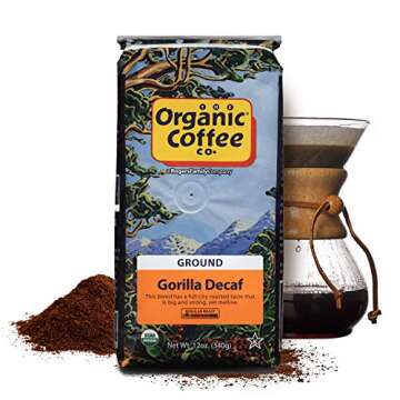 The Organic Coffee Co. Ground Coffee - Gorilla Decaf (12oz Bag), Medium Roast, Swiss Water Processed, USDA Organic