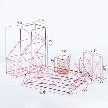 Simmer Stone Rose Gold Office Supplies, 4 in 1 Decorative Rose Gold Desk Accessories Organizer, Letter Sorter, File Holder, Desk Tray and Pen Holder