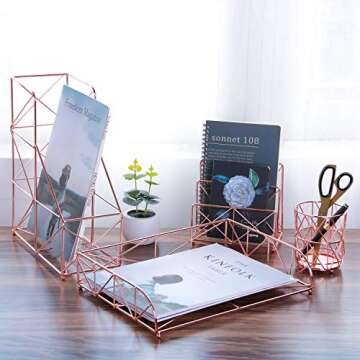 Simmer Stone Rose Gold Office Supplies, 4 in 1 Decorative Rose Gold Desk Accessories Organizer, Letter Sorter, File Holder, Desk Tray and Pen Holder
