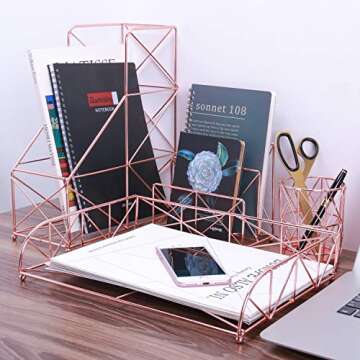 Simmer Stone Rose Gold Office Supplies, 4 in 1 Decorative Rose Gold Desk Accessories Organizer, Letter Sorter, File Holder, Desk Tray and Pen Holder