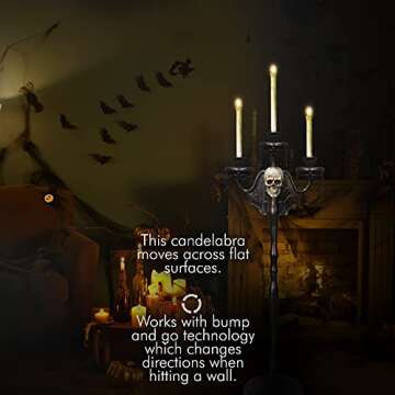 Skeleteen Animated Halloween Candelabra Decoration - Creepy Gothic Haunted Mansion Black Skull Floating Candle Holder Party Decorations Prop- 1 Piece