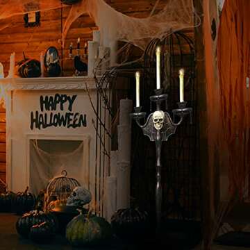 Skeleteen Animated Halloween Candelabra Decoration - Creepy Gothic Haunted Mansion Black Skull Floating Candle Holder Party Decorations Prop- 1 Piece