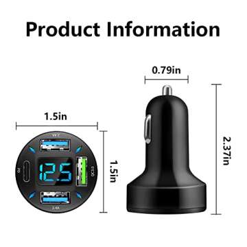 Car Charger 66W Super Fast Charging with USB C&QC 3.0(Voltmeter&LED Lights) Universal Quick Charge f...
