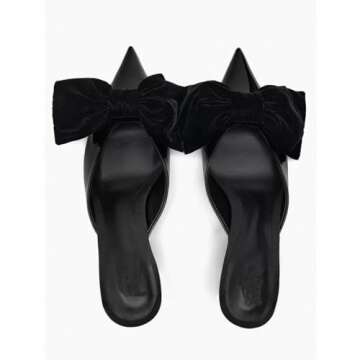 MRKEWUNEY Fashion Bow Heeled Mules for Women Slip On Mules Backless Kitten Heel Pointed Toe Wedding Party Dress Sandals Slide Sandals Evening Party Shoes Black Szie 41