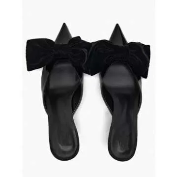 MRKEWUNEY Fashion Bow Heeled Mules for Women Slip On Mules Backless Kitten Heel Pointed Toe Wedding Party Dress Sandals Slide Sandals Evening Party Shoes Black Szie 41