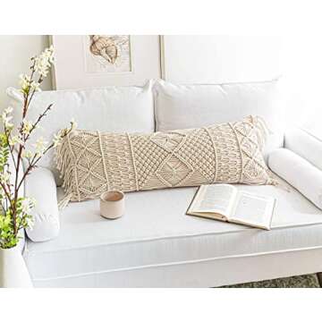 BlissBlush Cream Beige Macrame Lumbar Pillow Cover 14x36, Farmhouse Body Lumbar Pillow Cover, Couch Bed Lumbar Throw Pillow Cover, Decorative Pillow for Bed(1 Piece, Cover Only, 14x36 inch)