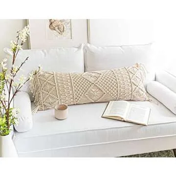 BlissBlush Cream Beige Macrame Lumbar Pillow Cover 14x36, Farmhouse Body Lumbar Pillow Cover, Couch Bed Lumbar Throw Pillow Cover, Decorative Pillow for Bed(1 Piece, Cover Only, 14x36 inch)