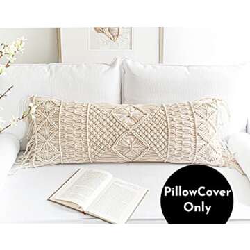 BlissBlush Cream Beige Macrame Lumbar Pillow Cover 14x36, Farmhouse Body Lumbar Pillow Cover, Couch Bed Lumbar Throw Pillow Cover, Decorative Pillow for Bed(1 Piece, Cover Only, 14x36 inch)