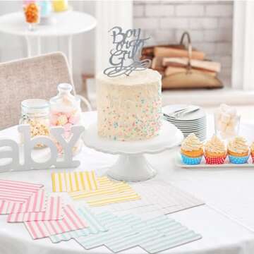 Tenceur 100 Pack Scalloped Party Napkins Mixed Stripe Ice Cream Napkins 5 x 5 Inch Disposable Paper Pastel Cocktail Beverage Napkins for Pastel Party Shower Birthday Dinner Decorations Supplies