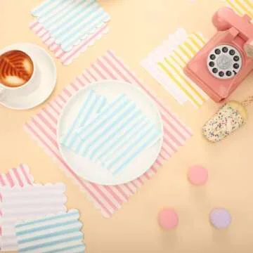 Tenceur 100 Pack Scalloped Party Napkins Mixed Stripe Ice Cream Napkins 5 x 5 Inch Disposable Paper Pastel Cocktail Beverage Napkins for Pastel Party Shower Birthday Dinner Decorations Supplies
