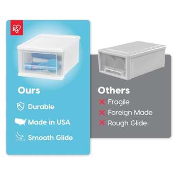 IRIS USA 7 Qt. Plastic Drawer Storage Organizer Stacking Drawers, 4-Pack, Stackable Unit with Sliding Drawer for Clothes Bedroom Kitchen Under Sink Pantry Craft Room Bathroom Dorm Office, White