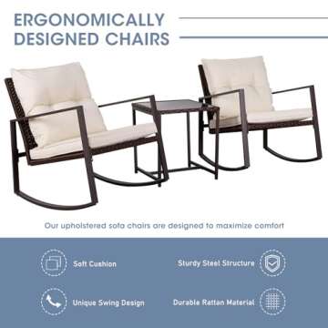 SUNCROWN 3-Piece Patio Bistro Set Outdoor Rocking Chairs Set Brown Wicker Porch Chairs with Glass Coffee Table, Beige Cushion