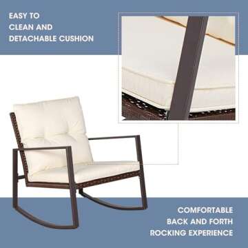 SUNCROWN 3-Piece Patio Bistro Set Outdoor Rocking Chairs Set Brown Wicker Porch Chairs with Glass Coffee Table, Beige Cushion