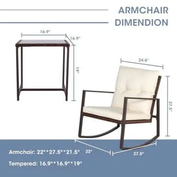 SUNCROWN 3-Piece Patio Bistro Set Outdoor Rocking Chairs Set Brown Wicker Porch Chairs with Glass Coffee Table, Beige Cushion