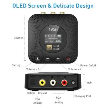 1Mii B06HD+ Hi-Res Bluetooth 5.1 Music Receiver for Home Stereo w/LDAC, Hi-Fi Bluetooth Adapter w/Audiophile DAC aptX HD Volume Control OLED Display, Wireless Audio Adapter for AV Receiver/Amplifier
