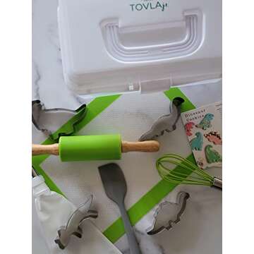 Tovla Jr. Kids Baking Gift Set with Storage Case - Cooking Kit for Children - Educational Baking Sets - Real Kid Baking Supplies with Decorating Tools Set with Apron… (Dinosaur)
