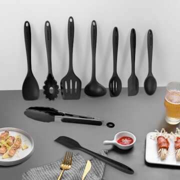 Kitchen Utensil Set - 11 Cooking Utensils - Colorful Silicone Kitchen Utensils - Nonstick Cookware with Spatula Set - Colored Best Kitchen Tools Kitchen Gadgets (Black)