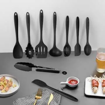 Kitchen Utensil Set - 11 Cooking Utensils - Colorful Silicone Kitchen Utensils - Nonstick Cookware with Spatula Set - Colored Best Kitchen Tools Kitchen Gadgets (Black)