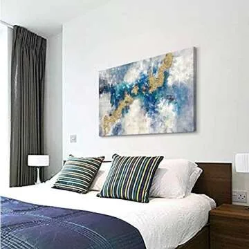 Blue And Gold Wall Decor Set Teal Abstract Painting Canvas Wall Art Decor Colorful Oil Painting Artwork Picture For Bedroom Living Room Bathroom Decorations Aesthetic(45'' x 30'' x 1 Panel)