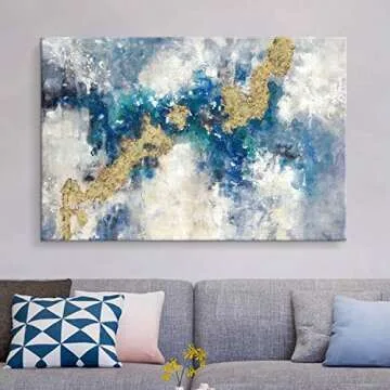 Blue And Gold Wall Decor Set Teal Abstract Painting Canvas Wall Art Decor Colorful Oil Painting Artwork Picture For Bedroom Living Room Bathroom Decorations Aesthetic(45'' x 30'' x 1 Panel)