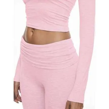 AnotherChill Women's 2 Piece Lounge Sets Fold-over Flare Pants Set Long Sleeve Cropped Top Casual Outfits Pajamas (Pink, Medium)