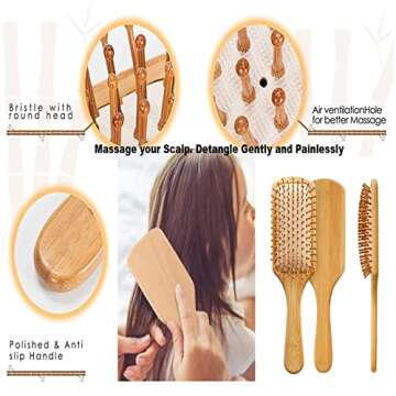 Hair Brush-Natural Wooden Bamboo Bristles Paddle Hairbrush Large. Eco-Friendly Massage Scalp & Detangling All Hair Types. No More Tangle.