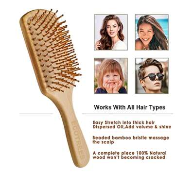 Hair Brush-Natural Wooden Bamboo Bristles Paddle Hairbrush Large. Eco-Friendly Massage Scalp & Detangling All Hair Types. No More Tangle.