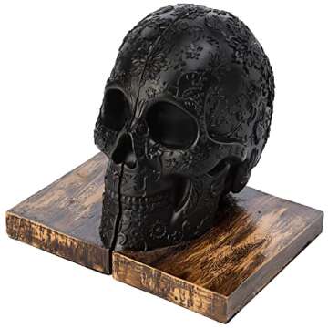 Skull Book Ends Gothic, Lifesize Human, Heavy-Duty Bookends, Skeleton Decorations, Bookends for Shelves, Heavy Books, Black Skull Design Bookend 7x5.1x6.3, Spooky Decor, Holiday