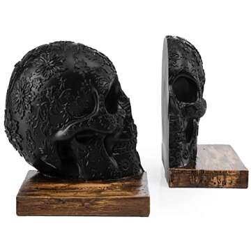 Skull Book Ends Gothic, Lifesize Human, Heavy-Duty Bookends, Skeleton Decorations, Bookends for Shelves, Heavy Books, Black Skull Design Bookend 7x5.1x6.3, Spooky Decor, Holiday