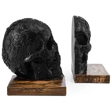 Skull Book Ends Gothic, Lifesize Human, Heavy-Duty Bookends, Skeleton Decorations, Bookends for Shelves, Heavy Books, Black Skull Design Bookend 7x5.1x6.3, Spooky Decor, Holiday