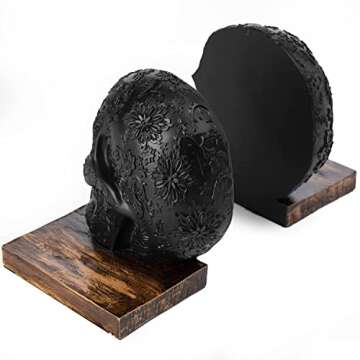 Skull Book Ends Gothic, Lifesize Human, Heavy-Duty Bookends, Skeleton Decorations, Bookends for Shelves, Heavy Books, Black Skull Design Bookend 7x5.1x6.3, Spooky Decor, Holiday