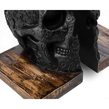 Skull Book Ends Gothic, Lifesize Human, Heavy-Duty Bookends, Skeleton Decorations, Bookends for Shelves, Heavy Books, Black Skull Design Bookend 7x5.1x6.3, Spooky Decor, Holiday