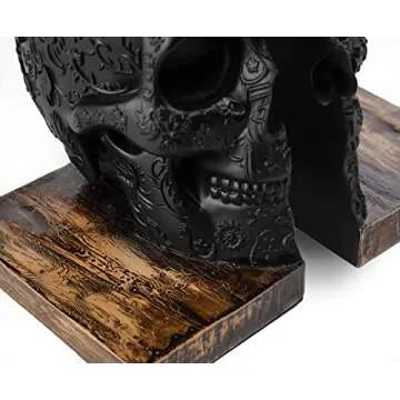 Skull Book Ends Gothic, Lifesize Human, Heavy-Duty Bookends, Skeleton Decorations, Bookends for Shelves, Heavy Books, Black Skull Design Bookend 7x5.1x6.3, Spooky Decor, Holiday