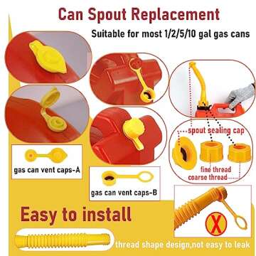 Pftjujudan 19 pcs Gas Can Spout Replacement set, Gas Can Nozzle 5 Gal ，3 Bendable tubes，3 Screw Collar Coarse Thread &3 Fine Thread-Fits Most of The Cans,3 threaded caps ，6 Vent Caps 1 drill Lid