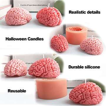 Brain Candle Mold Halloween Silicone Mould DIY Brains Silicone Mold 3D Human Organs Brain-Shaped Soap Mold Fondant Mould for Candles, Resin Ornaments, Soaps, Chocolates