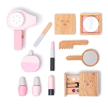 UMU Wooden Beauty Salon Toys for Girls Makeup Playset 12 Piece Kit with Makeup, Brush, Mirror and Co...
