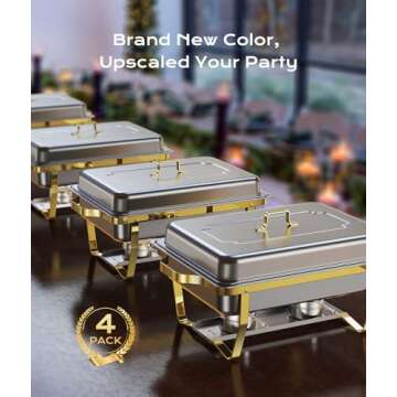 Chafing Dishes for Buffet 4 Pack, 8QT [Elegant Gold and Silver Colors] Stainless Steel Chafing Dish Buffet Set [Sturdy and High Grade] Chafers and Buffet Warmers Sets for Any Party with Complete Set